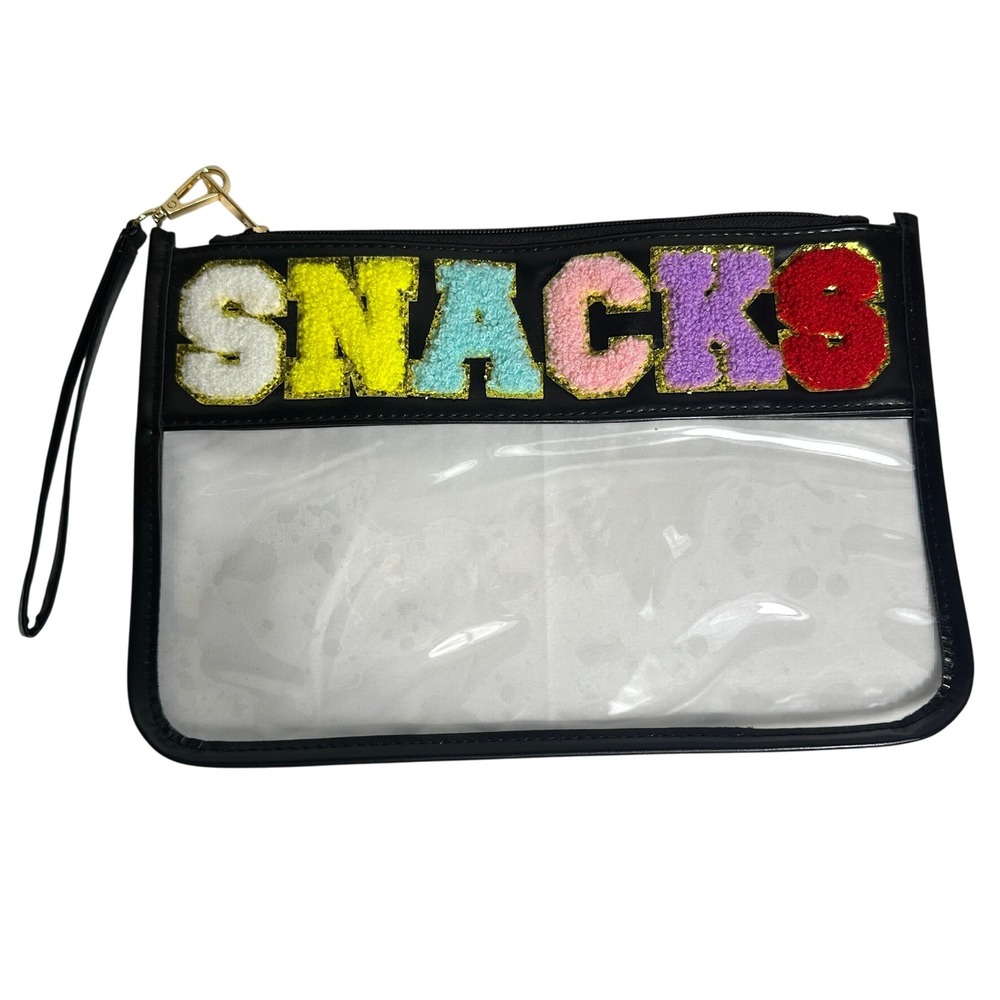 Clear Reusable SNACKS bag Vinyl Pouch‎ Clutch Wristlet Bag Varsity Letters